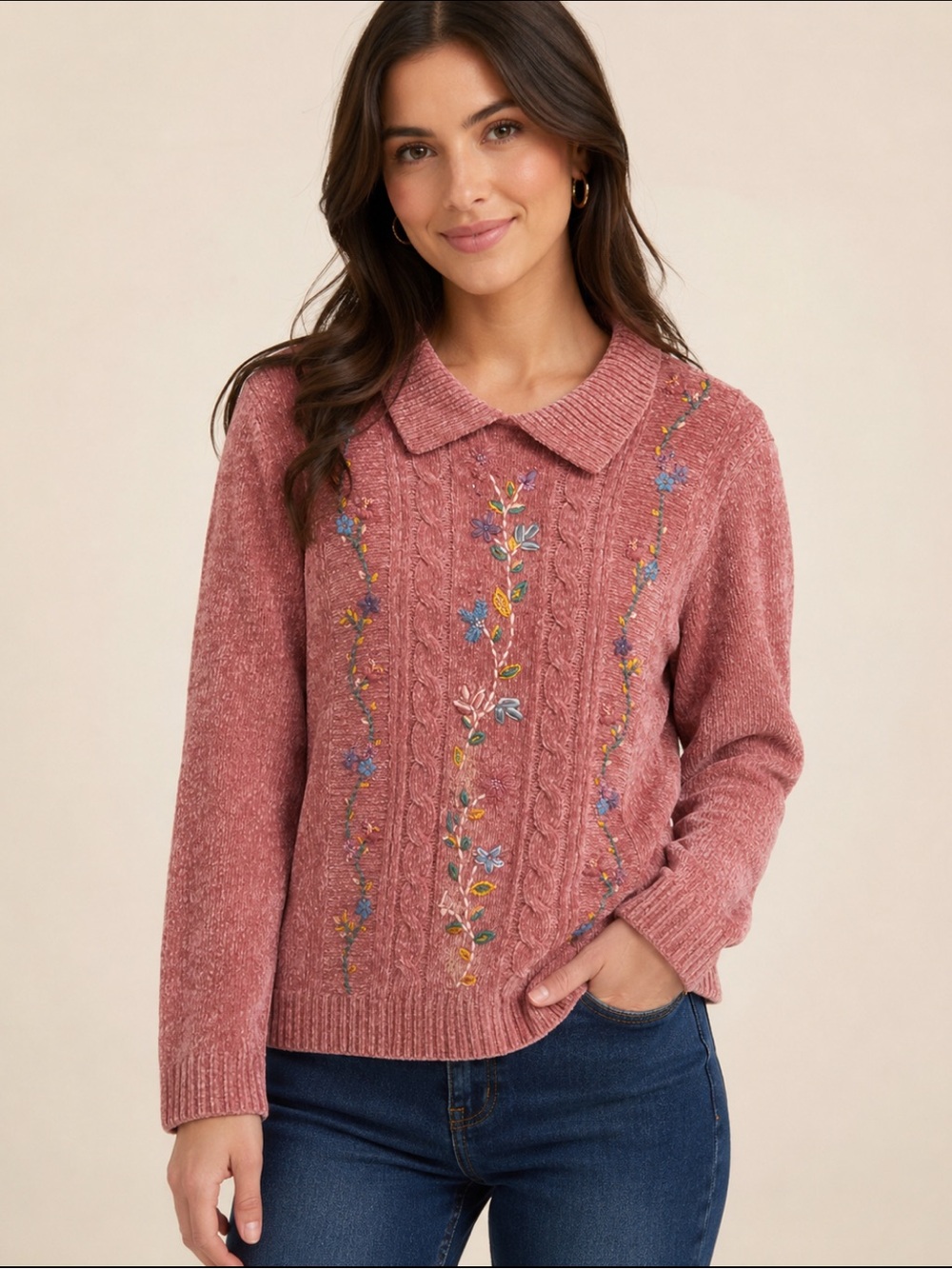 Alfred Dunner Rose Pink Collared Embroidered Cable-Knit Sweater